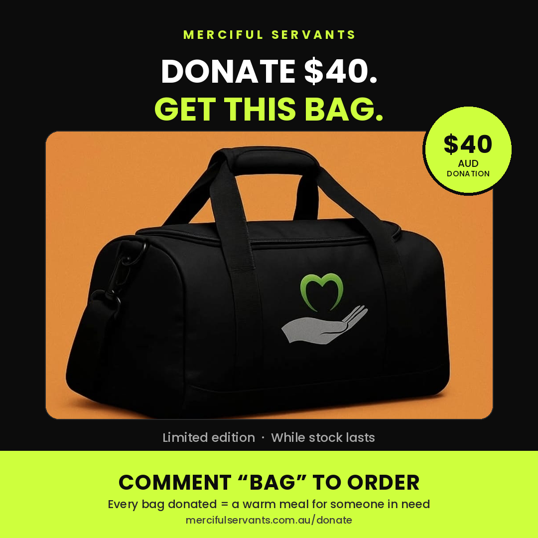 Merciful Servants duffel bag – donate $40 to claim yours